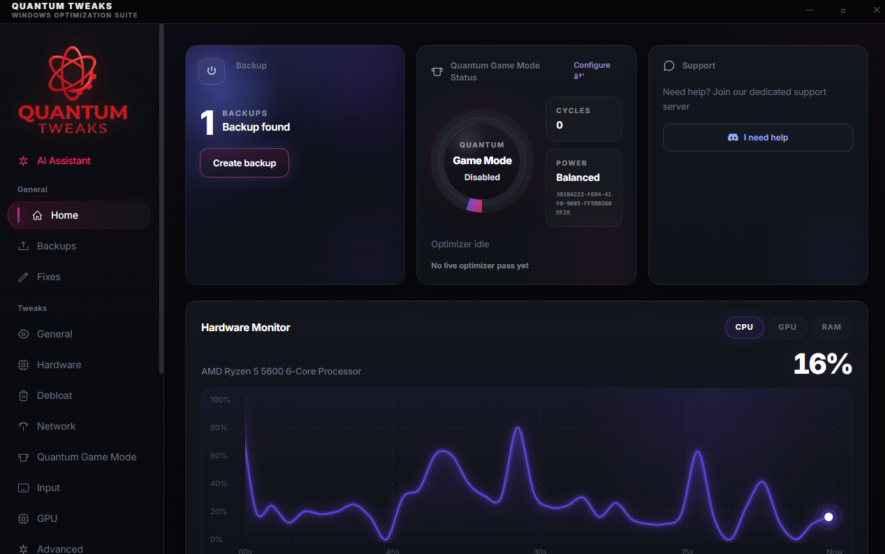 Quantum Tweaks app dashboard — backups, Quantum Game Mode status and live hardware monitoring.